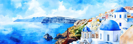 Vibrant watercolor artwork capturing the beauty of Santorinis blue domes overlooking sparkling waters on a sunny day.の素材