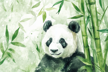 A gentle panda sits amidst lush green bamboo, surrounded by a soft watercolor background that captures the tranquility of nature.の素材