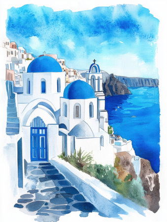 A serene coastal village with whitewashed buildings and blue domes overlooks a clear sea, embodying tranquility and beauty.の素材