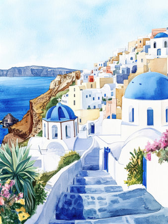 A vibrant watercolor artwork captures the beauty of Santorini, featuring white houses with blue domes beside a sparkling sea.の素材