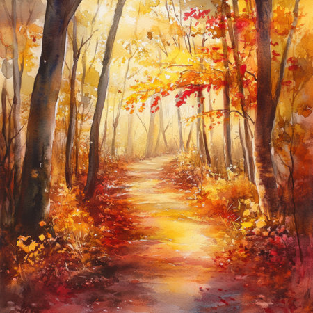 A tranquil pathway stretches through a forest filled with colorful autumn leaves, capturing the essence of a peaceful fall day.の素材
