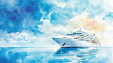 A majestic cruise ship sails smoothly across tranquil waters as the sun sets, casting colorful hues in the sky against fluffy clouds.の素材