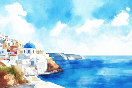 A tranquil coastal village showcases whitewashed buildings with a blue dome, perfectly set against a stunning sea view and clear skies.の素材