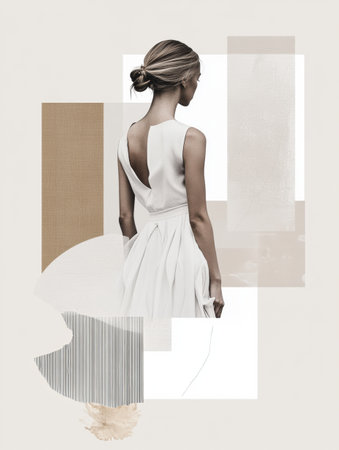 A minimalistic fashion collage showcasing a stylish figure in a white dress, combined with elegant geometric shapes for artistic impact.の素材