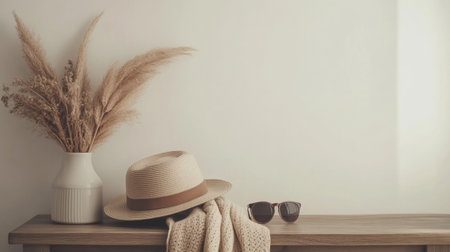Hats, scarves, and sunglasses arranged on a wooden table, showcasing a stylish display, complemented by soft natural light.の素材