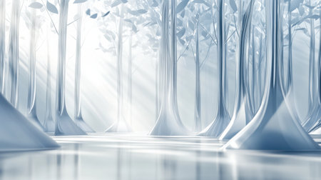 A mystical glass forest abstract features tree shapes casting glowing reflections with soft light filtering through the surroundings.の素材