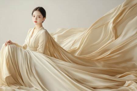 Flowing silk fabrics create an elegant display against a neutral backdrop, showing soft lighting and blank space for text.の素材
