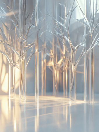 A mesmerizing glass forest features abstract tree shapes illuminated by soft glowing reflections, creating a tranquil atmosphere during the day.の素材