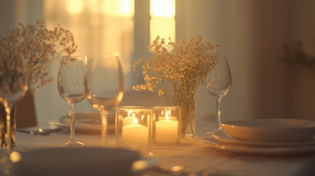 An elegant dining table with beautiful tableware, candles, and fresh flowers sets a warm ambiance for the celebration.の素材