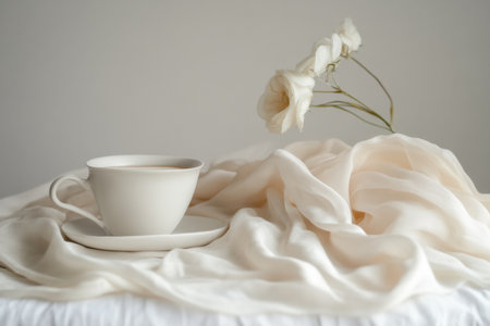 Flowing silk fabrics gently surround a ceramic cup and delicate flowers, creating an elegant setting perfect for relaxation and meditation.の素材