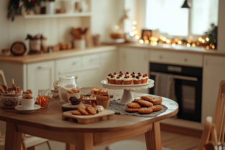 A vibrant kitchen table displays an array of freshly baked cookies and decorated cakes, creating a warm festive atmosphere for all.の素材