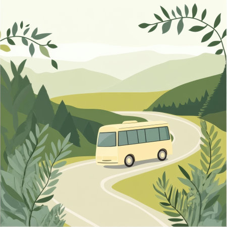 A cheerful tour bus navigates a winding road surrounded by vibrant green trees and rolling hills under a soft sky.の素材