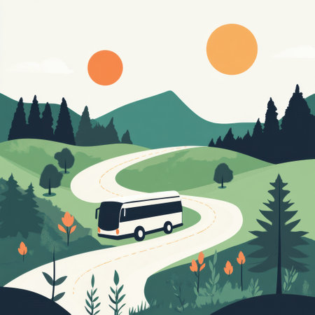 A tour bus navigates along a curved road surrounded by vibrant greenery and distant mountains under two bright suns.の素材