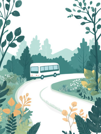 A tour bus navigates a winding road surrounded by rich green trees and colorful foliage, creating a peaceful atmosphere in nature.の素材