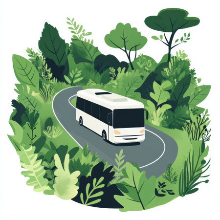 A tour bus navigates a winding road through vibrant greenery, showing the tranquil beauty of the countryside on a bright day.の素材