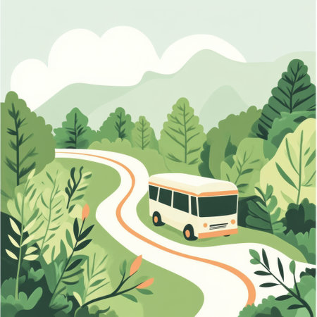 A tour bus navigates a serpentine road surrounded by verdant trees and rolling hills, showcasing a beautiful natural landscape.の素材