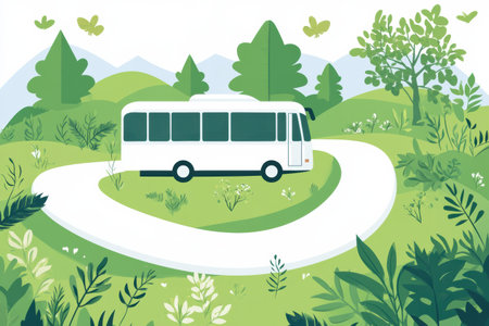 A tour bus travels along a curvy road surrounded by vibrant greenery and gentle hills under a clear sky, offering scenic views.の素材