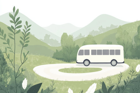 A tour bus navigates a winding road surrounded by vibrant greenery and rolling hills under a clear sky.の素材