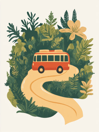 Winding road through vibrant greenery showcases a tour bus cruising amidst blooming flowers in a serene environment.の素材