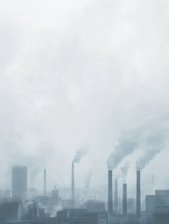 A city skyline obscured by dense smog, with industrial chimneys generating thick smoke against a gray atmosphere.の素材