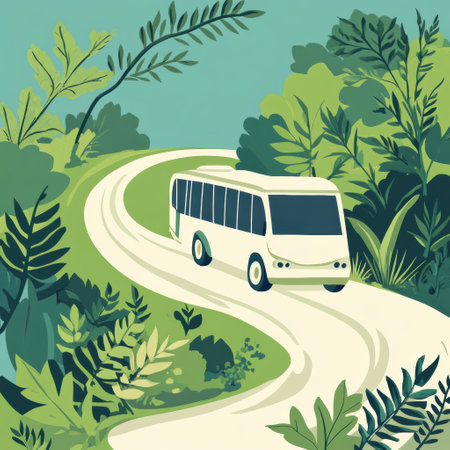 A tour bus navigates a winding road, embraced by vibrant greenery and foliage, creating a tranquil daytime adventure experience.の素材
