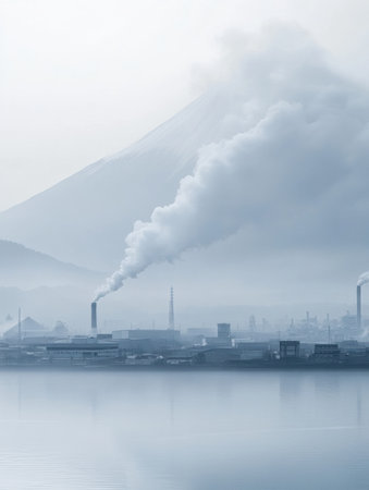 A city skyline is obscured by heavy smog as thick smoke billows from industrial chimneys, mountains framing the hazy environment.の素材
