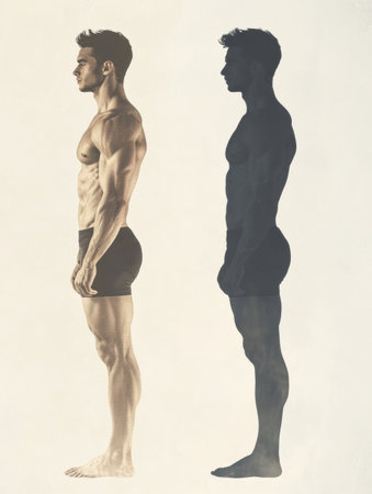 Silhouette showcases the remarkable fitness transformation of an individual before and after dedicated workout sessions, emphasizing hard work.の素材