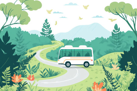 A cheerful tour bus navigates a winding road through vibrant greenery, surrounded by mountains and birds soaring in a clear sky.の素材