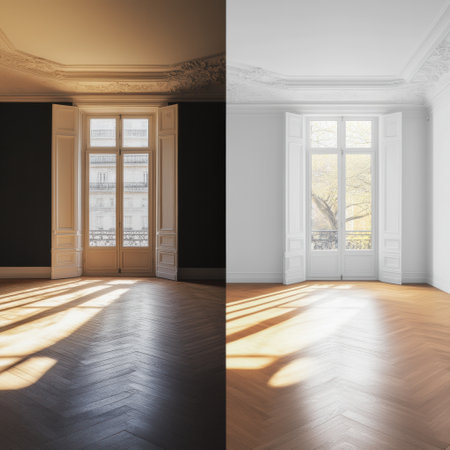 Old dark interiors strikingly contrasting with newly renovated bright designs, highlighting a significant transformation in decor and atmosphere.の素材