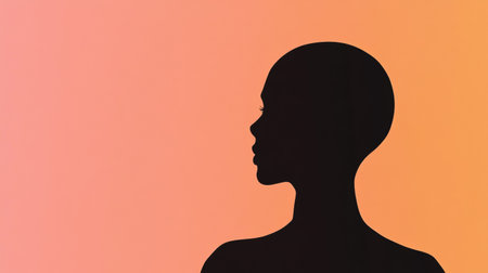 A silhouette depicts a person with bald patches, framed by a vibrant gradient background that suggests early morning light.の素材