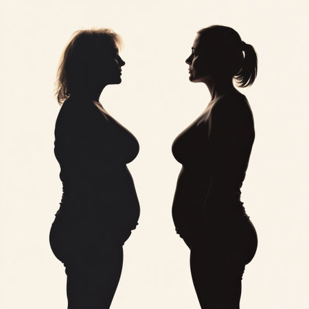 Silhouettes depict a remarkable weight loss transformation, showing significant changes in body shape and confidence over time.の素材