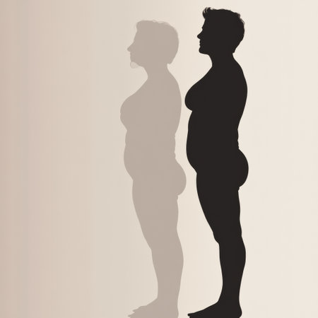Silhouette of a person illustrates a significant weight loss journey and transformation from before to after, symbolizing success.の素材