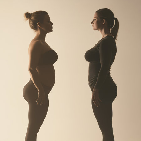 Silhouette depicts a persons remarkable before and after weight loss journey, highlighting the change in body composition and posture.の素材