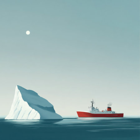 A red ship maneuvers near a massive iceberg in tranquil waters, with a bright sun shining overhead on a serene day.の素材