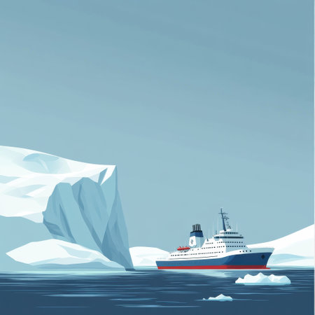 A cruise ship sails through the serene, icy waters, surrounded by towering glaciers under a clear blue sky in the Arctic.の素材