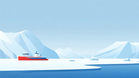 A research vessel is navigating through icy waters surrounded by large icebergs and snow covered mountains under a clear sky.の素材