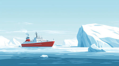 A red ship makes its way through calm, icy waters, surrounded by floating icebergs under a clear blue sky during dawn.の素材