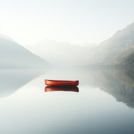 A peaceful kayak floats on a calm lake, reflecting the surrounding mountains and soft morning light creating a tranquil atmosphere.の素材