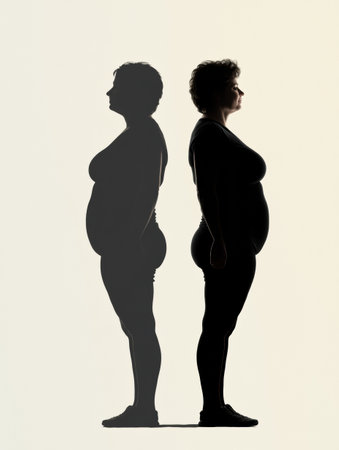 Silhouette displays the contrast of a persons body before and after a successful weight loss journey, highlighting the transformation.の素材