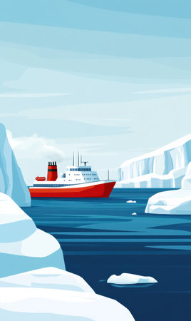 A vibrant red ship glides through calm waters surrounded by towering white icebergs under a clear sky, showcasing a remote wilderness.の素材