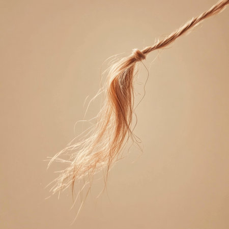 A close up examination reveals a damaged hair strand with split ends, showing its delicate texture and brittleness against a muted backdrop.の素材