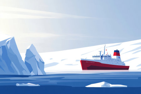 A red exploration vessel glides through calm waters, surrounded by majestic icebergs in a pristine polar environment.の素材
