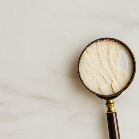 A magnifying glass reveals dry, flaky skin close up, highlighting the texture against a smooth, light background, showcasing skin condition details.の素材