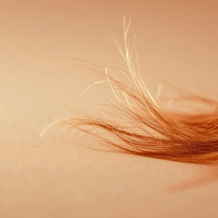 Macro shot captures the delicate details of a broken strand of hair on a neutral background, emphasizing its texture and fragility.の素材