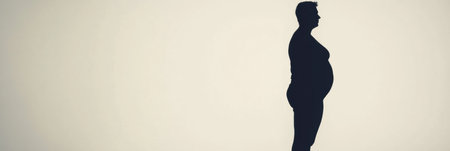 Silhouette of a person displays significant change in body shape highlighting weight loss transformation in a stark atmosphere.の素材