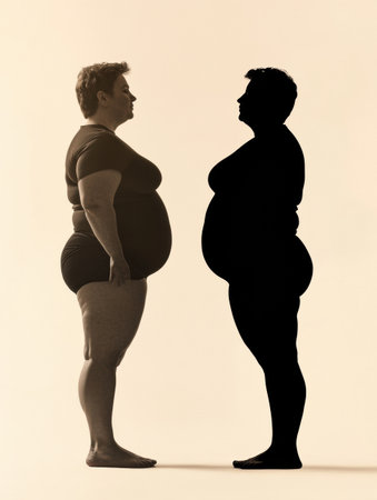 Transformation silhouette highlights the incredible before and after results of weight loss, showing a remarkable change in body shape.の素材