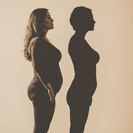 Silhouette displays before and after weight loss transformation highlighting the change in body shape and boost in confidence.の素材