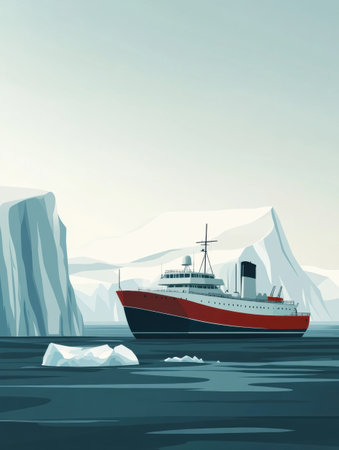 A ship moves through calm waters surrounded by majestic glaciers and pristine ice, showcasing a tranquil Arctic landscape.の素材