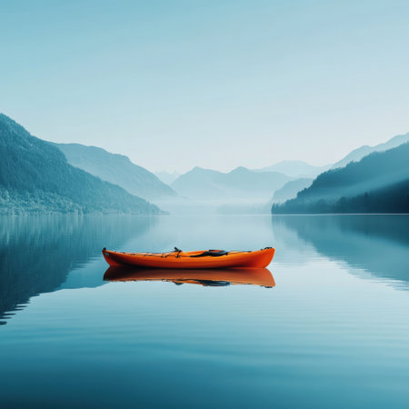 A bright orange kayak floats serenely on a still mountain lake, surrounded by misty peaks reflecting in the waters surface during dawn.の素材