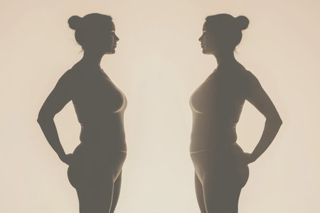 Silhouette illustrates the before and after stages of weight loss, emphasizing the transformation journey of an individual.の素材
